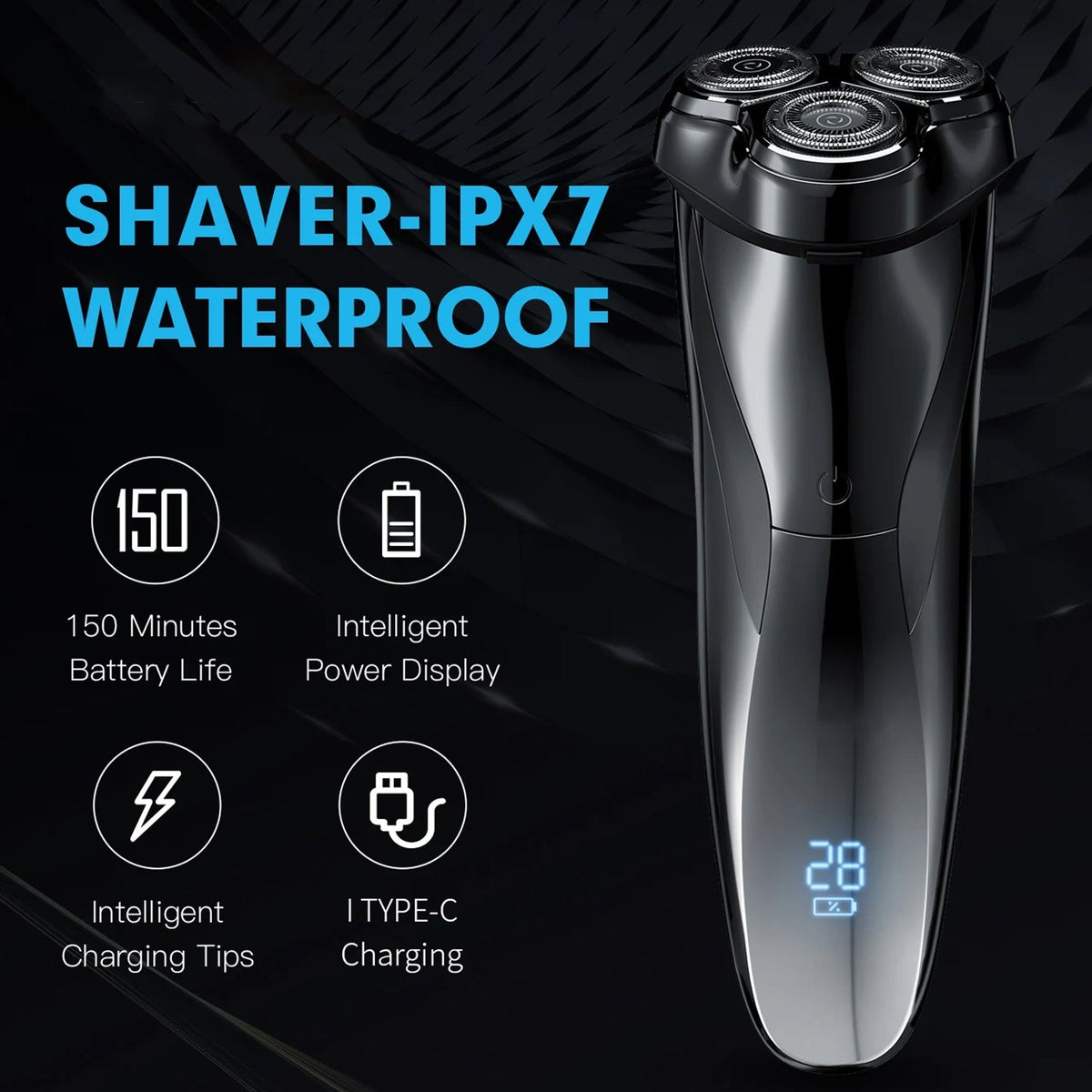 Black RazoRixer Electric Razor with a digital display showing 28 battery percentage, set against a dark textured background with blue text highlighting IPX7 waterproof features and four feature callouts.