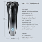 A black three-blade RazoRixer Electric Razor shown on a light gray background with product specifications and dimensions printed beside it, including size, weight, charging interface, battery, and features.