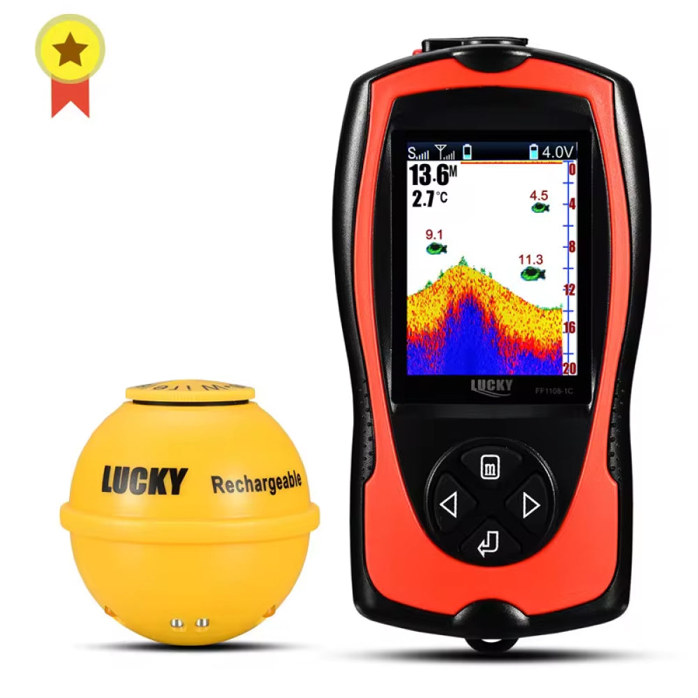 Reefidar Fish Finder device with a yellow rechargeable battery pack on a white background