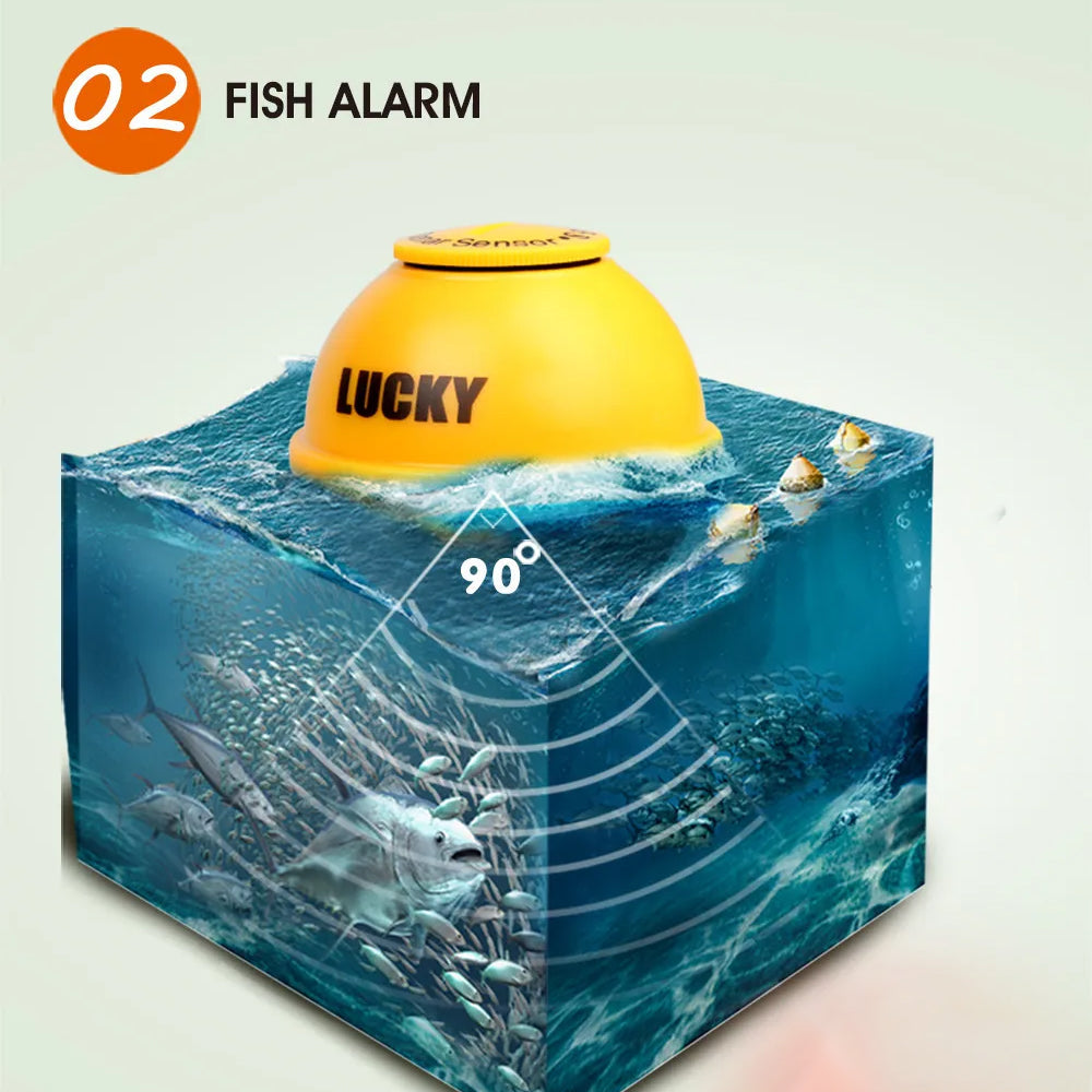 Reefidar Fish Finder labeled 'Lucky' with an illustration of fish and water waves on a light gray background.