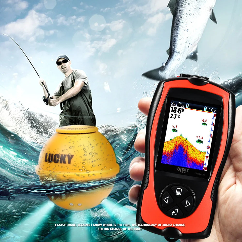 Fishing scene with a fisherman, Lucky brand equipment, and a fish.