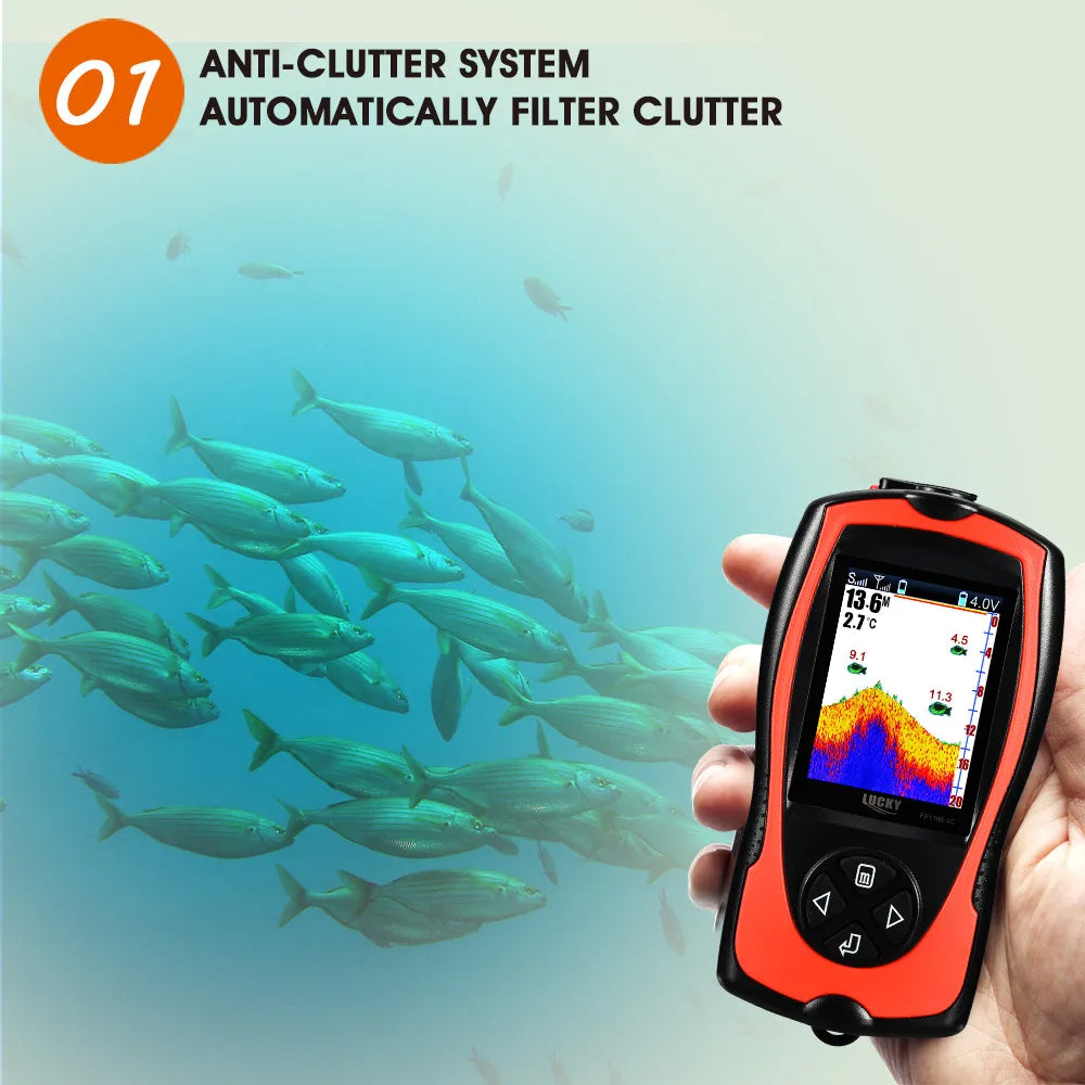 Reefidar Fish Finder with screen displaying sonar readings held over an underwater scene with fish.