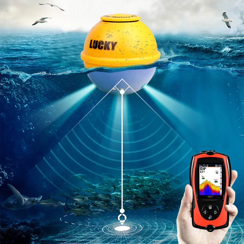 Yellow and blue underwater Reefidar Fish Finder with 'LUCKY' branding, sonar device, and ocean scene.