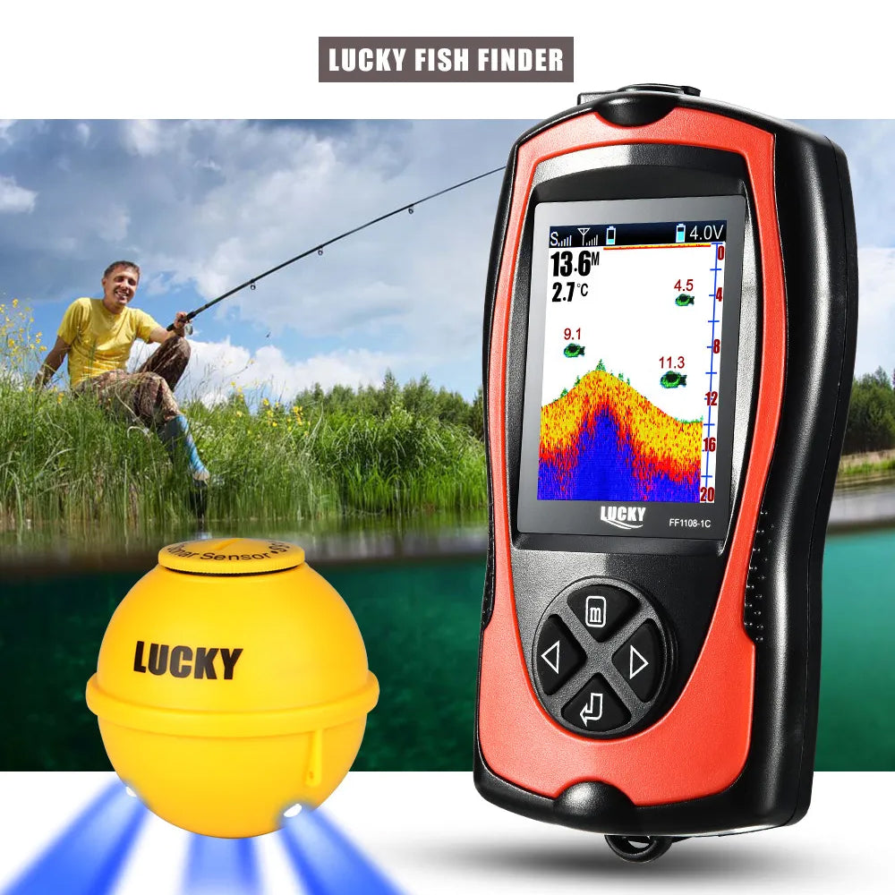 Lucky Reefidar Fish Finder with a yellow sensor ball on a background of a person fishing.
