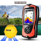 Lucky Reefidar Fish Finder with a yellow sensor ball on a background of a person fishing.