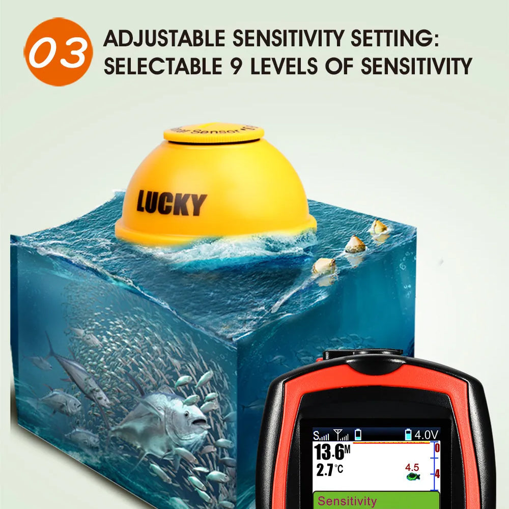 Yellow Reefidar Fish Finder with 'Lucky' branding on a water surface, showing adjustable sensitivity setting feature.