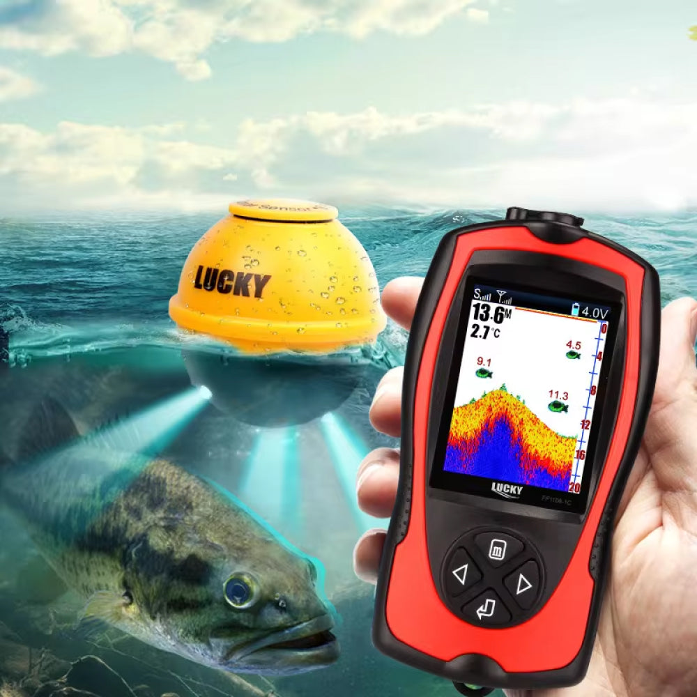 Reefidar Fish Finder with sonar screen, yellow buoy, and fish underwater against ocean background