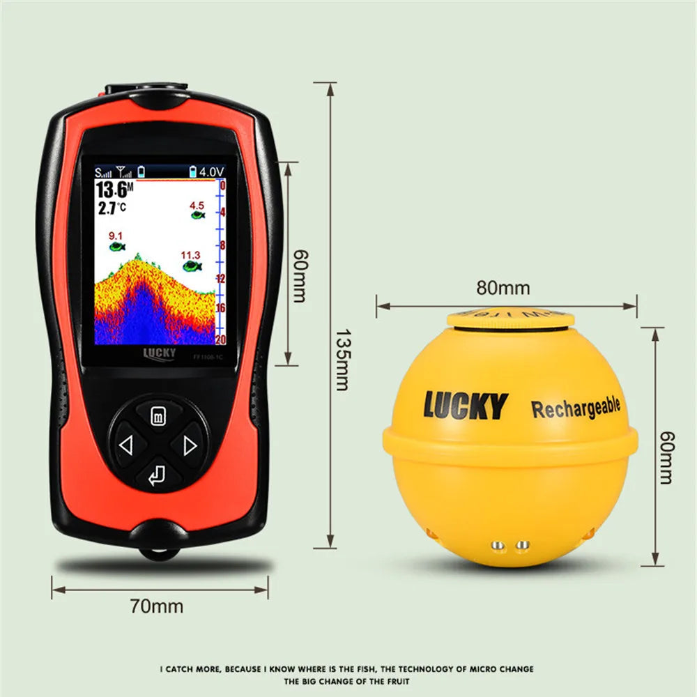 Reefidar Fish Finder depth finder with dimensions and a yellow buoy labeled 'LUCKY' on a light gray background