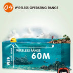 Underwater exploration scene with wireless operating range display, showing 60 meters of wireless range.