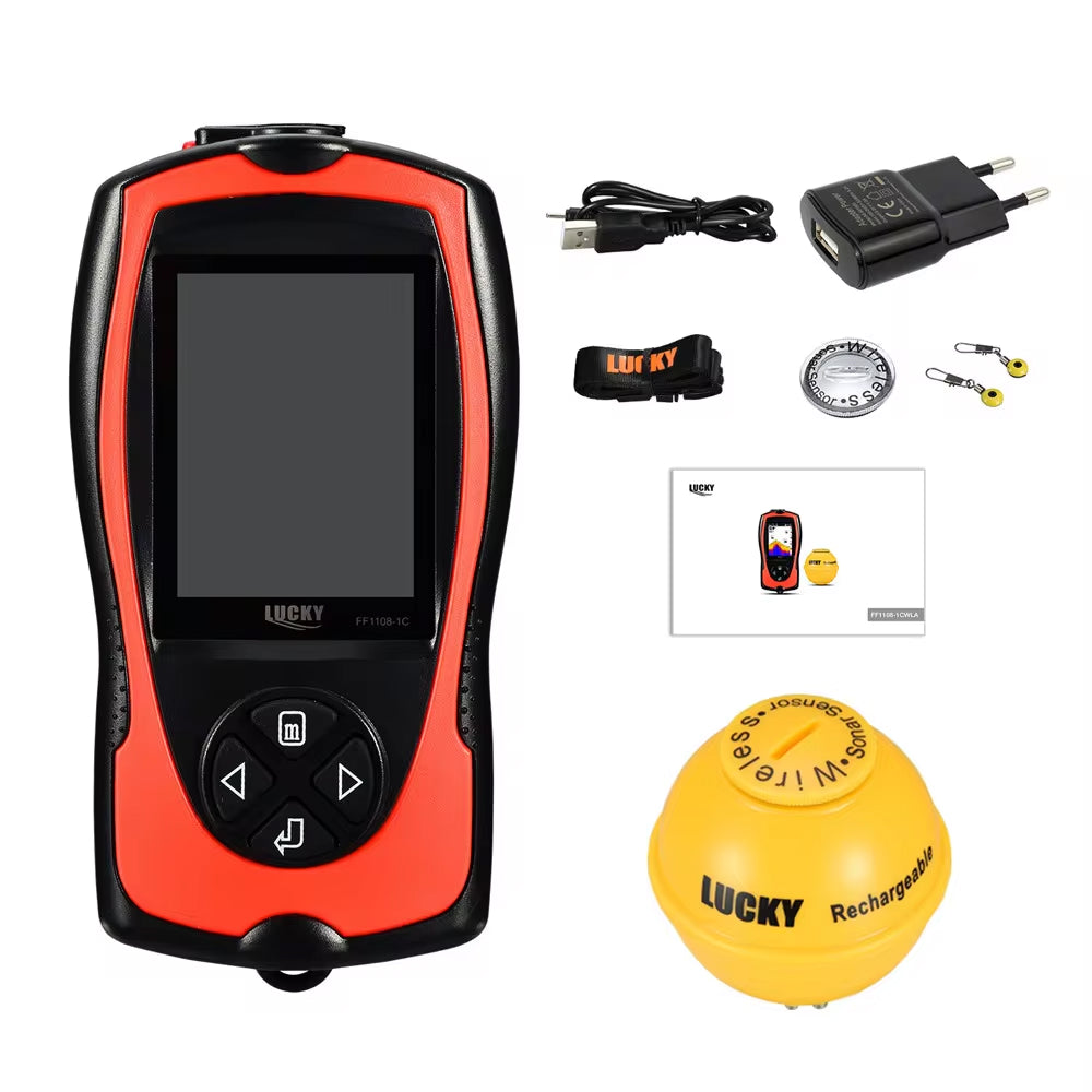 Red and black Reefidar Fish Finder device with accessories on a white background
