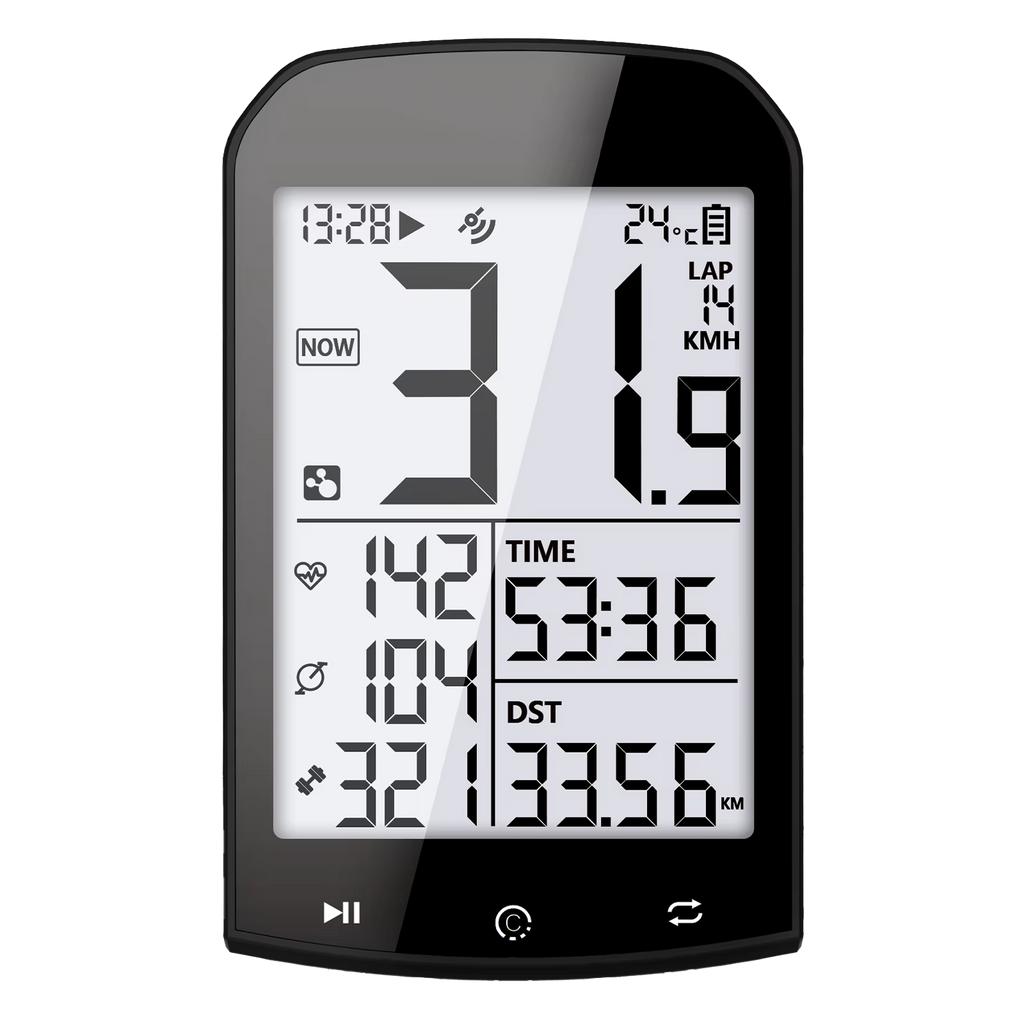 RidoMerix Bike Computer with various metrics displayed on a white background