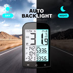 RidoMerix Bike Computer with auto backlight feature displayed on a road with mountainous landscape.