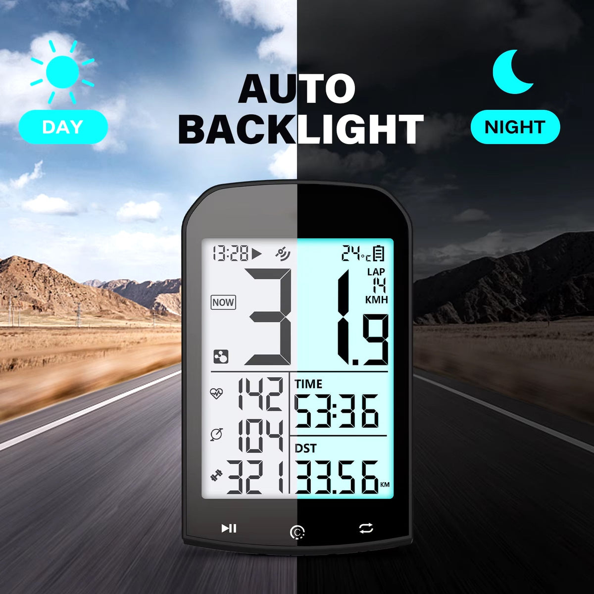 RidoMerix Bike Computer with auto backlight feature displayed on a road with mountainous landscape.