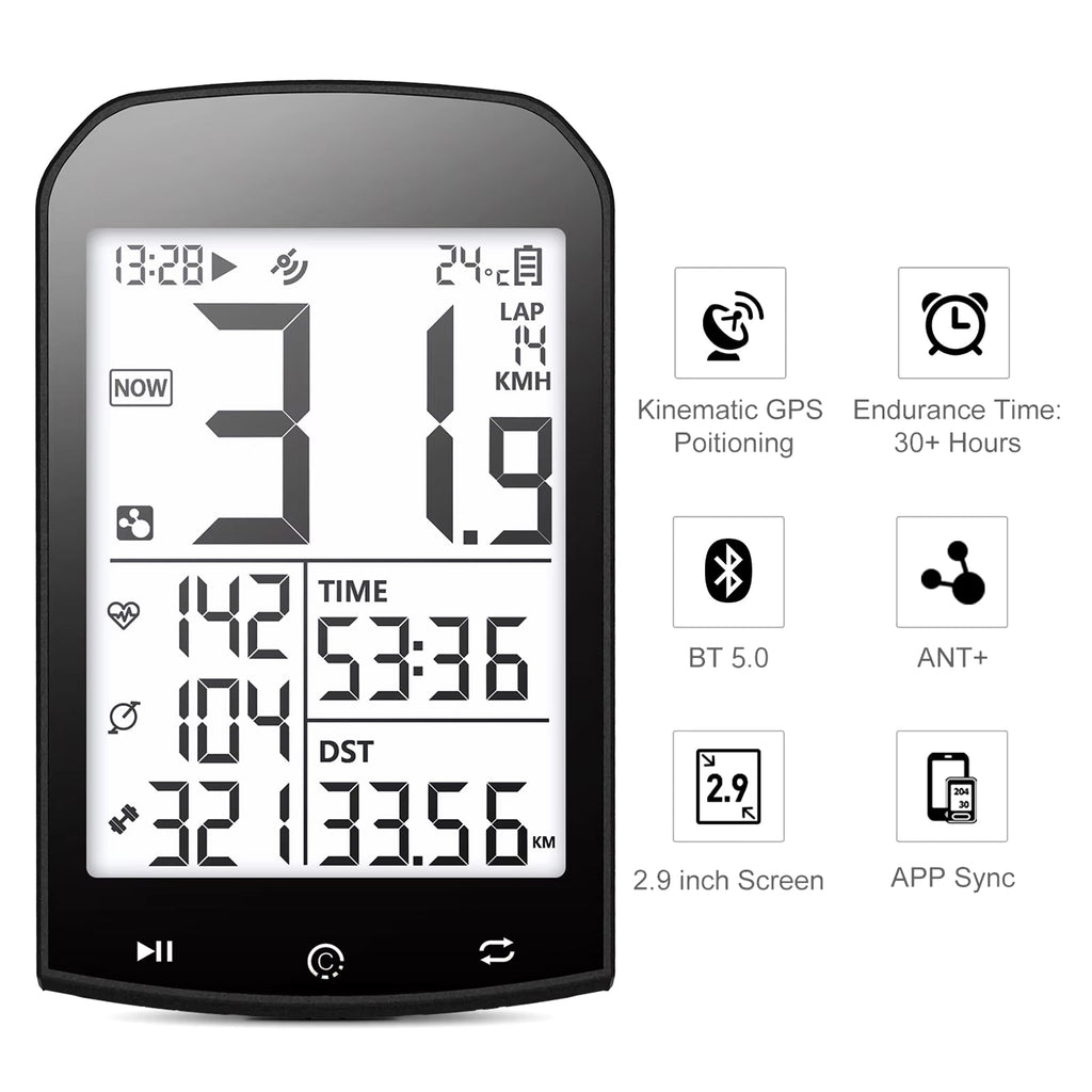 ARidoMerix Bike Computer with a large white display screen, shown on a white background with feature icons for kinematic GPS, endurance time, Bluetooth 5.0, ANT+, 2.