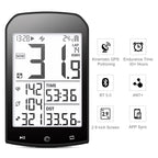 ARidoMerix Bike Computer with a large white display screen, shown on a white background with feature icons for kinematic GPS, endurance time, Bluetooth 5.0, ANT+, 2.