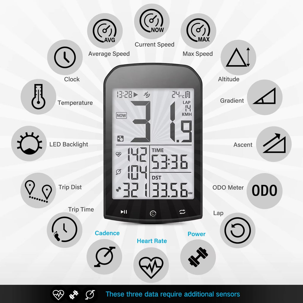 RidoMerix Bike Computer functions displayed on a white background