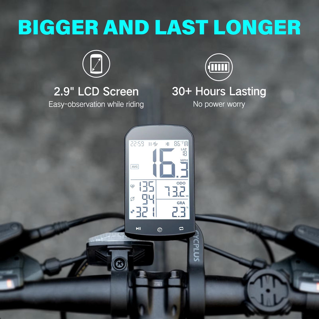 RidoMerix Bike Computer with 2.9-inch LCD screen and 30+ hours lasting on a blurred road background.