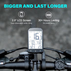 RidoMerix Bike Computer with 2.9-inch LCD screen and 30+ hours lasting on a blurred road background.