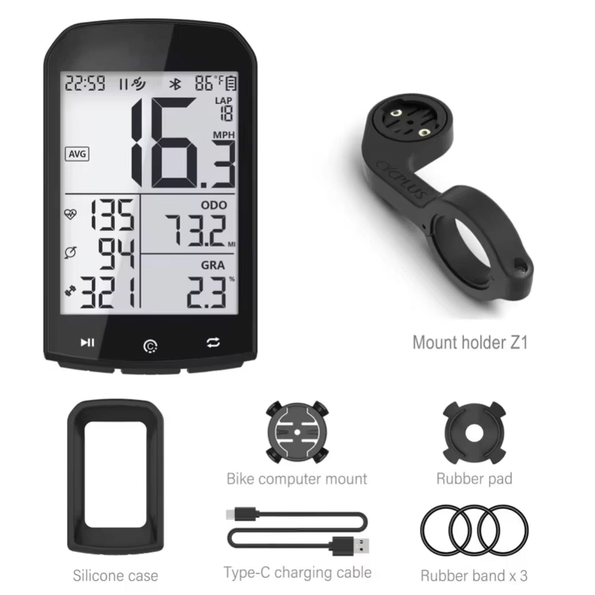 RidoMerix Bike Computer with mount holder, silicone case, charging cable, and rubber pads on a white background