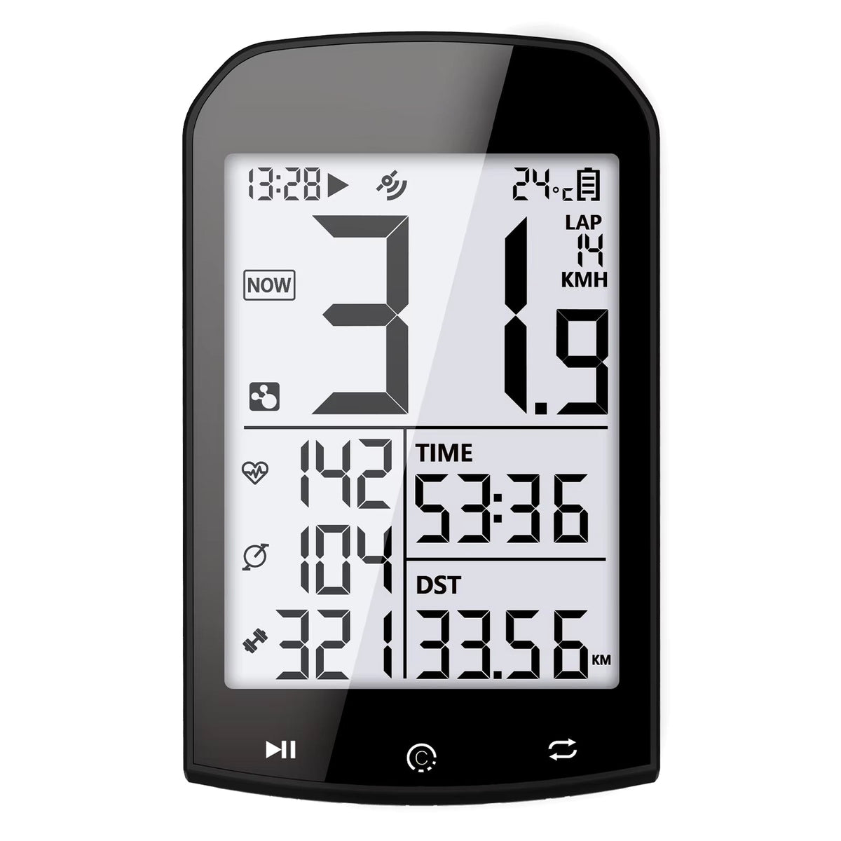 RidoMerix Bike Computer with various metrics displayed on a white background