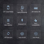 RidoMerix Bike Computer showing product specs such as a 2.9" large display, 30s rapid positioning, 35h battery life, 150h data capacity, Bluetooth 5.