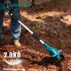 A RootyTill Cordless Cultivator & Tiller being operated in loose soil, with a person's legs and boots visible. The product has a turquoise body, silver handle, and black attachment head, with text overlays reading 'Lightweight' and '2.