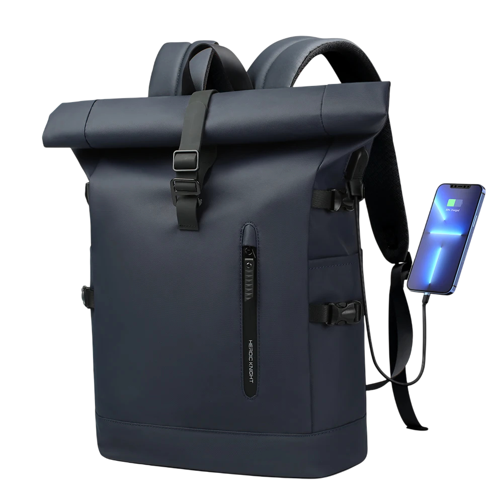 A dark navy blue  SafeiPack Ultimate Anti-Theft Backpack  with black straps and buckles, shown on a white background with a smartphone plugged into its side port.