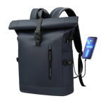 A dark navy blue  SafeiPack Ultimate Anti-Theft Backpack  with black straps and buckles, shown on a white background with a smartphone plugged into its side port.