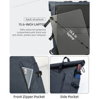 A dark gray  SafeiPack Ultimate Anti-Theft Backpack  shown with feature callouts and inset photos of its compartments: a 15.6-inch laptop in the back structure, a front zipper pocket holding a phone, and a side pocket holding a bottle and umbrella.