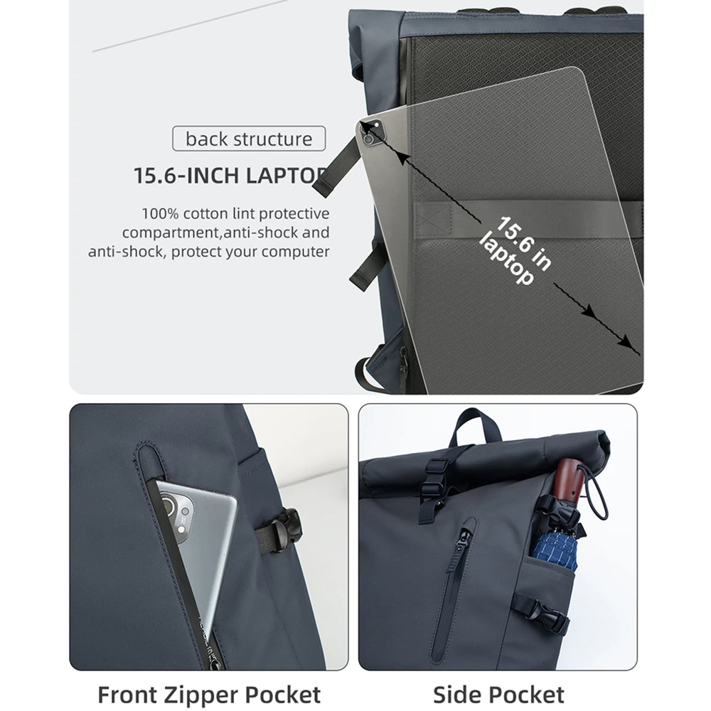 A dark gray  SafeiPack Ultimate Anti-Theft Backpack  shown with feature callouts and inset photos of its compartments: a 15.6-inch laptop in the back structure, a front zipper pocket holding a phone, and a side pocket holding a bottle and umbrella.