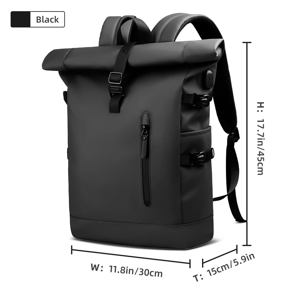 Black  SafeiPack Ultimate Anti-Theft Backpack  with measurements on a white background
