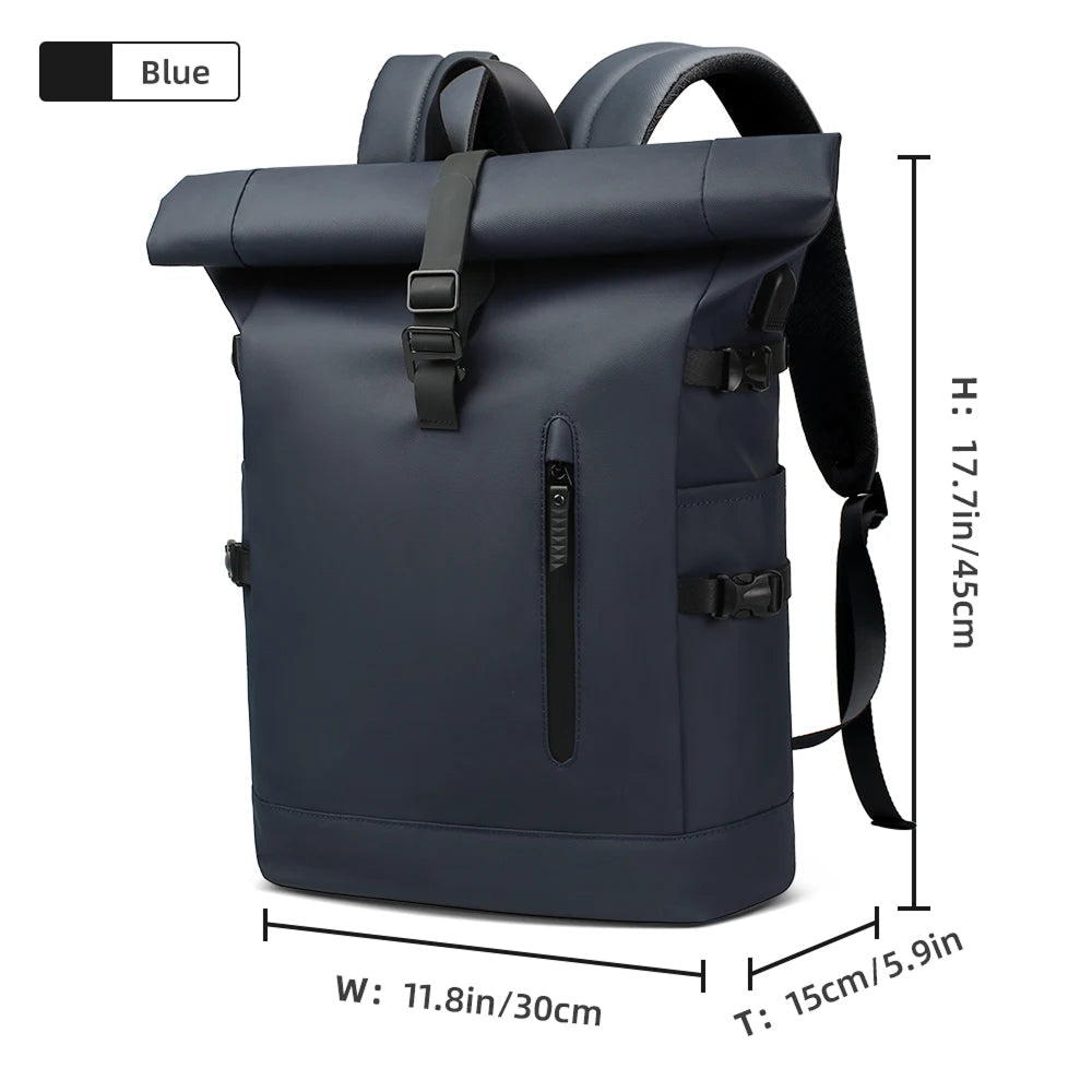 A dark blue waterproof  SafeiPack Ultimate Anti-Theft Backpack with black straps and buckles, shown with dimension lines indicating height, width, and depth on a white background.