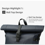 A dark navy blue  SafeiPack Ultimate Anti-Theft Backpack  with black straps and buckles, shown with promotional text highlighting its roll-top design on a light gray background.