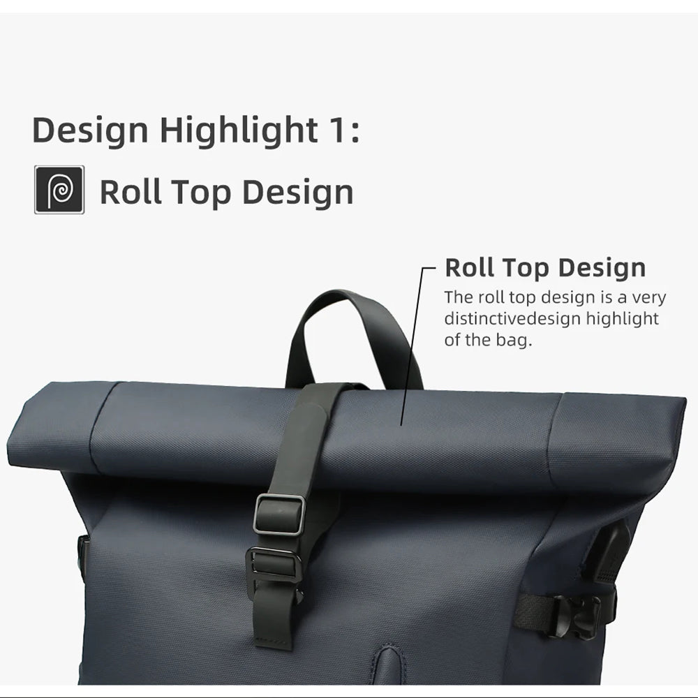 A dark navy blue  SafeiPack Ultimate Anti-Theft Backpack  with black straps and buckles, shown with promotional text highlighting its roll-top design on a light gray background.