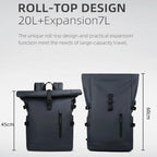 Dark gray r SafeiPack Ultimate Anti-Theft Backpack shown from front and back views with measurement labels indicating 45cm, 60cm, and 20L+Expansion7L capacity on a light gray background.