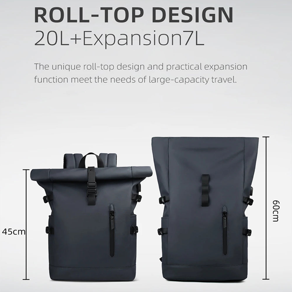 Dark gray r SafeiPack Ultimate Anti-Theft Backpack shown from front and back views with measurement labels indicating 45cm, 60cm, and 20L+Expansion7L capacity on a light gray background.