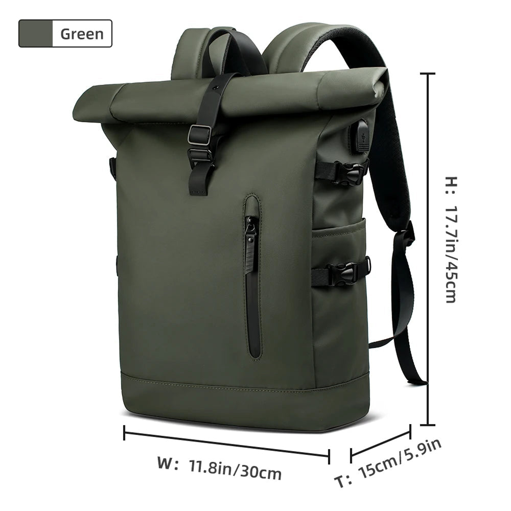 Green r SafeiPack Ultimate Anti-Theft Backpack  with measurements on a white background