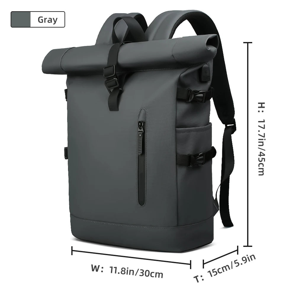 Gray  SafeiPack Ultimate Anti-Theft Backpack  with dimensions on a white background