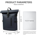  SafeiPack Ultimate Anti-Theft Backpack parameters diagram showing a navy blue waterproof roll-top backpack with black straps and buckles, alongside a white laptop indicating 15.6 inches.