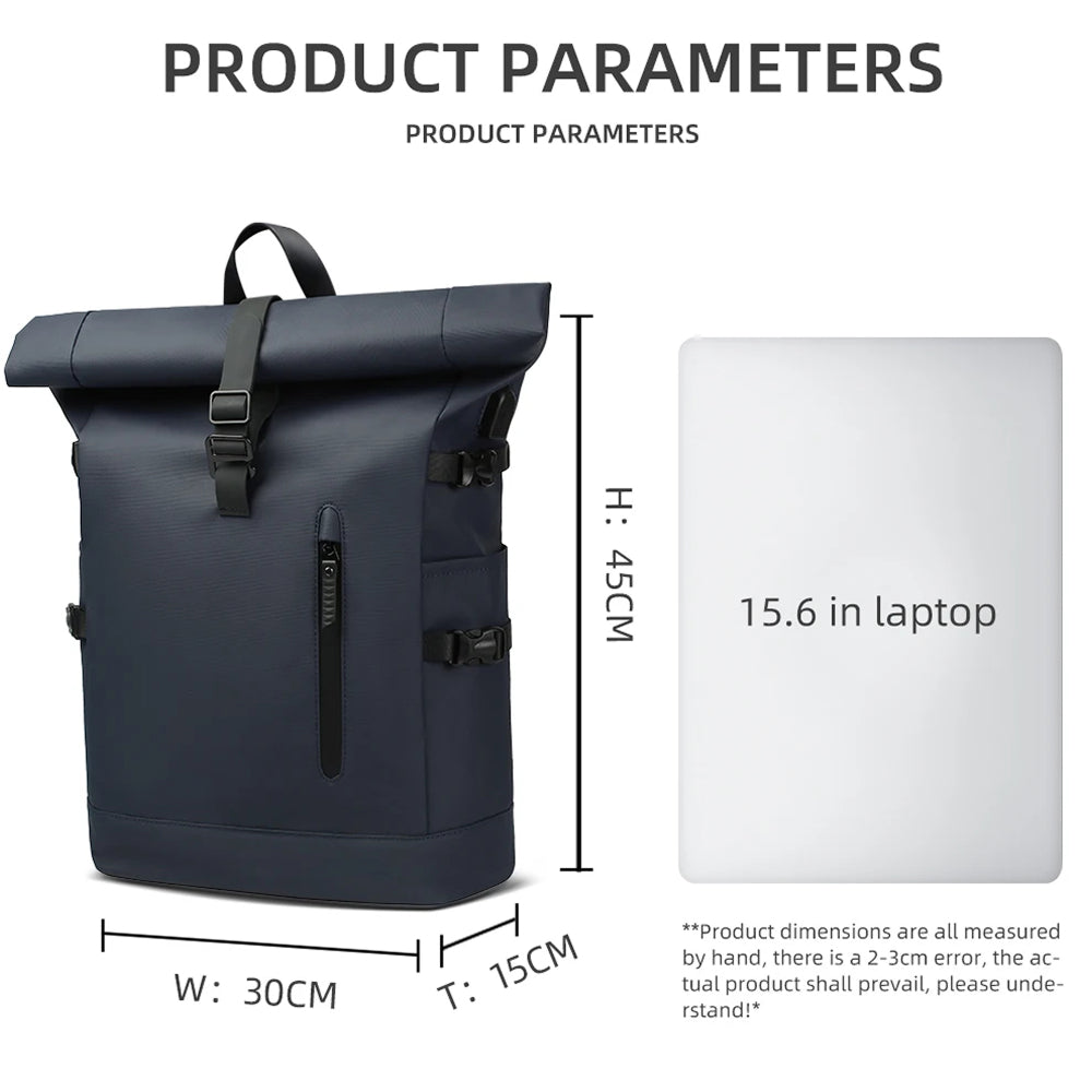  SafeiPack Ultimate Anti-Theft Backpack parameters diagram showing a navy blue waterproof roll-top backpack with black straps and buckles, alongside a white laptop indicating 15.6 inches.