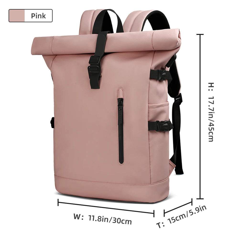 Pink  SafeiPack Ultimate Anti-Theft Backpack  with black straps and measurements on a white background