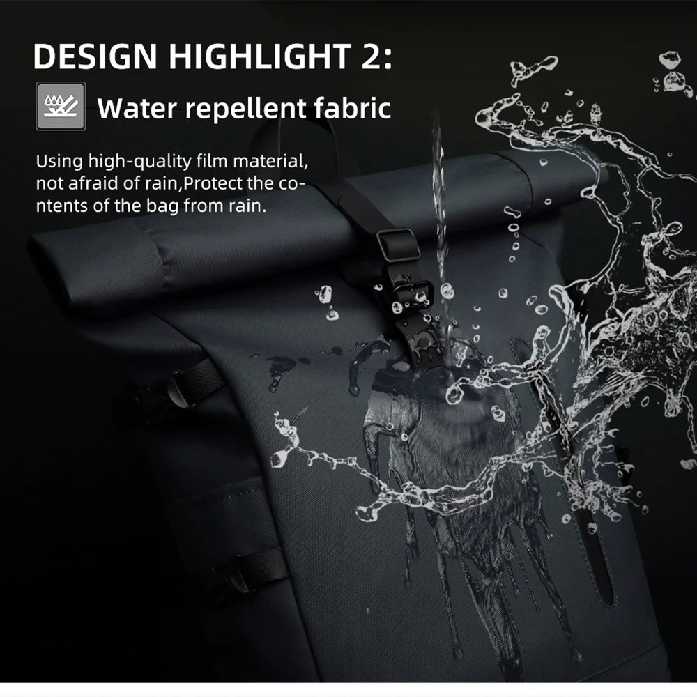  SafeiPack Ultimate Anti-Theft Backpack  with water repellent fabric feature, showing water droplets splashing onto it.