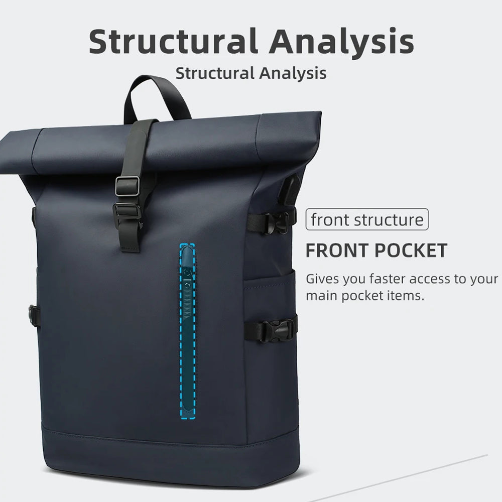 A dark navy blue  SafeiPack Ultimate Anti-Theft Backpack shown on a light gray background with text overlays explaining its front pocket structure.