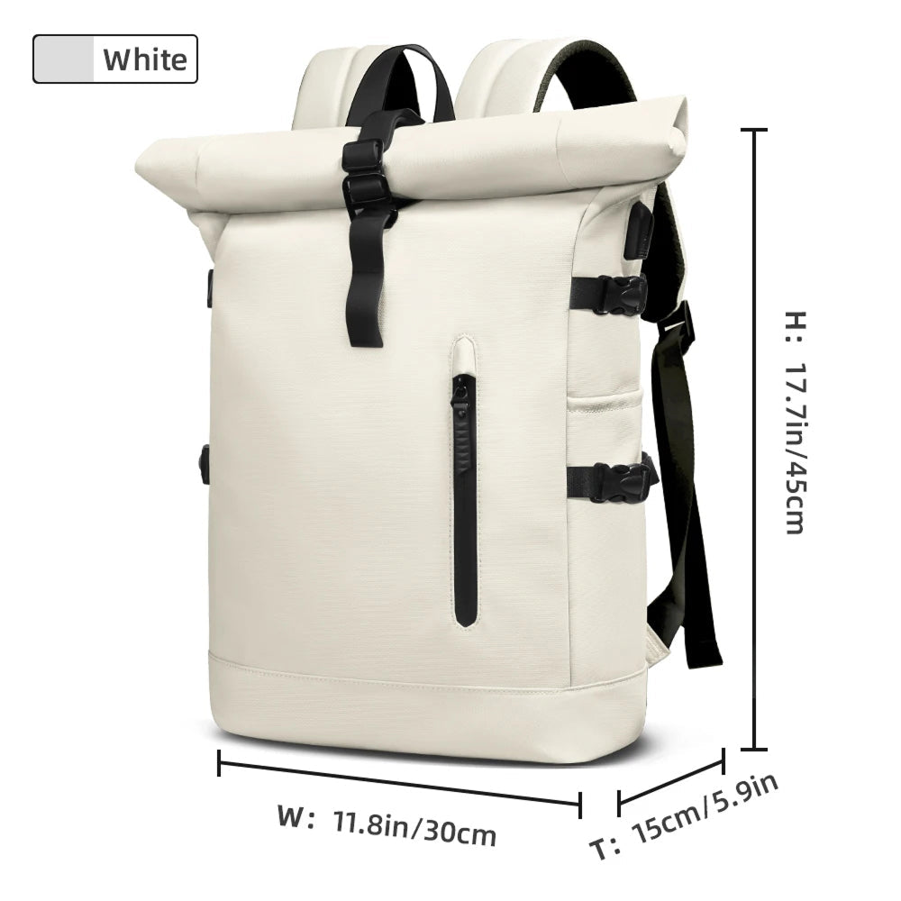 White  SafeiPack Ultimate Anti-Theft Backpack with black straps and measurements on a white background