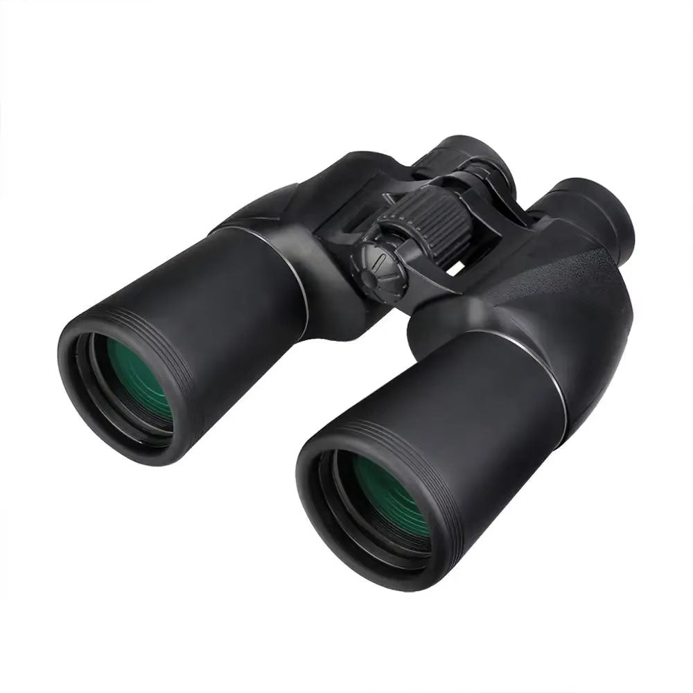 Black binoculars with a brand logo on a white background