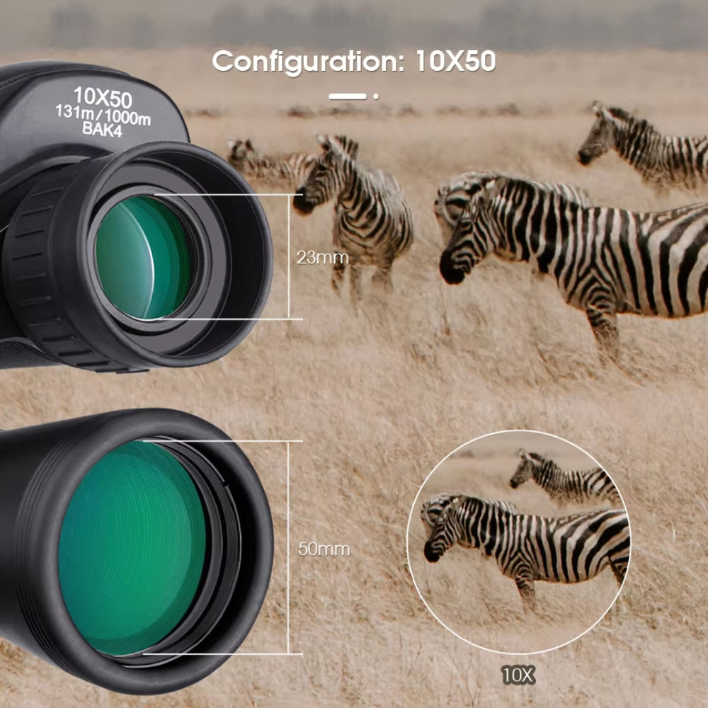 SafiSkop Night Vision Binoculars with magnification details over an image of zebras in a field