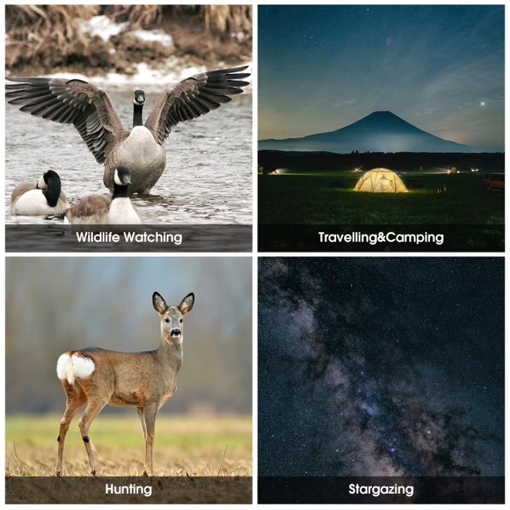 Collage of four images labeled 'Wildlife Watching', 'Travelling&Camping', 'Hunting', and 'Stargazing' showin dufferent use of the SafiSkop Night Vision Binoculars