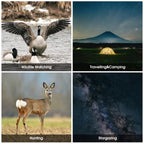 Collage of four images labeled 'Wildlife Watching', 'Travelling&Camping', 'Hunting', and 'Stargazing' showin dufferent use of the SafiSkop Night Vision Binoculars