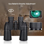 SafiSkop Night Vision Binoculars with eye relief and diopter adjustment features, set against a natural background.