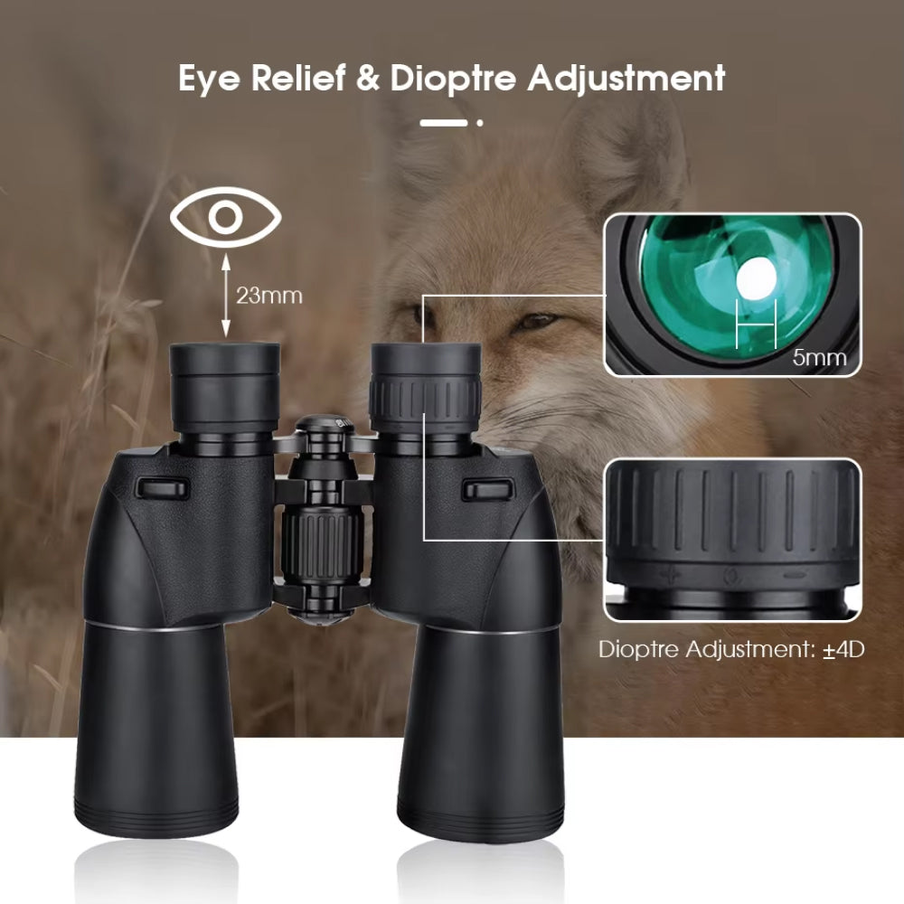 SafiSkop Night Vision Binoculars with eye relief and diopter adjustment features, set against a natural background.